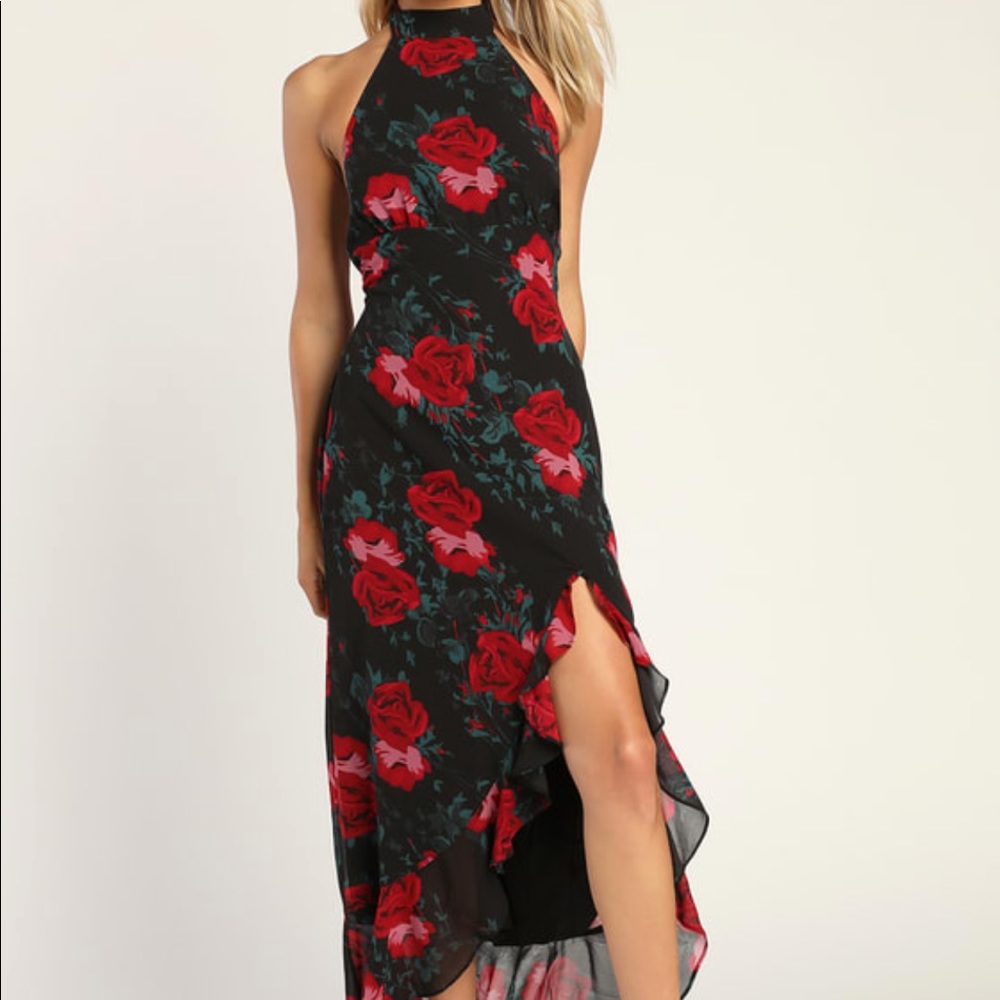 Lulus Elegant Entrance Black Red Floral Print Halter Maxi Dress